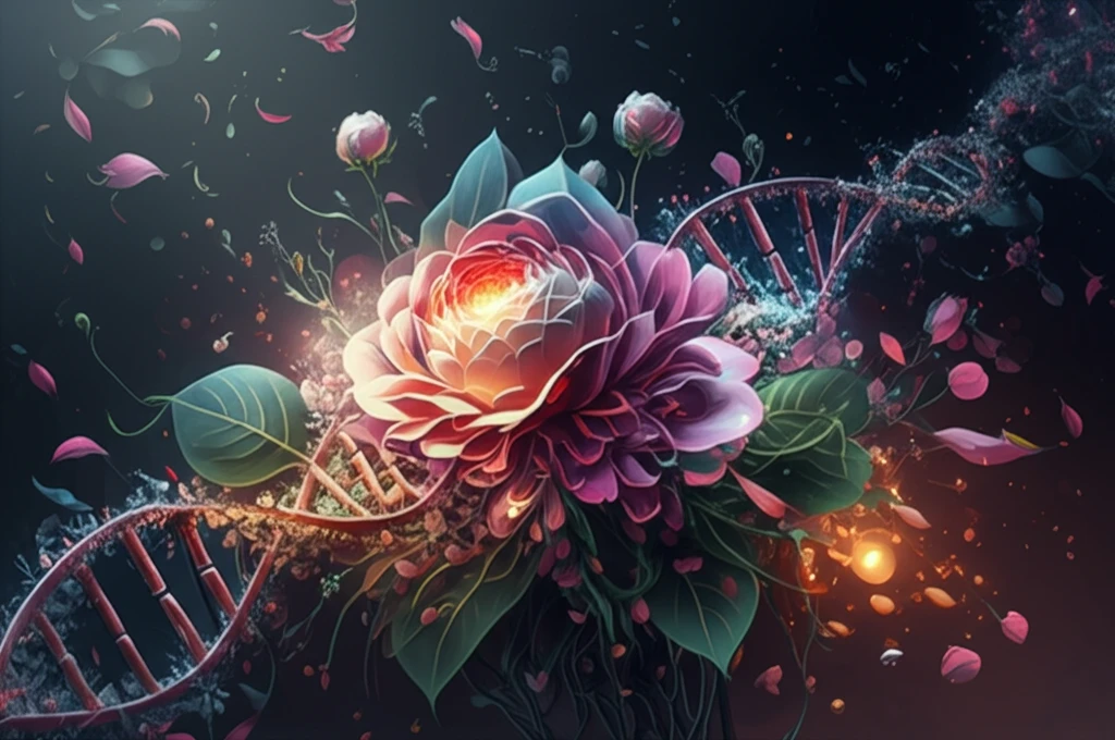 DNA transforming into flower symbolizing data to discovery.