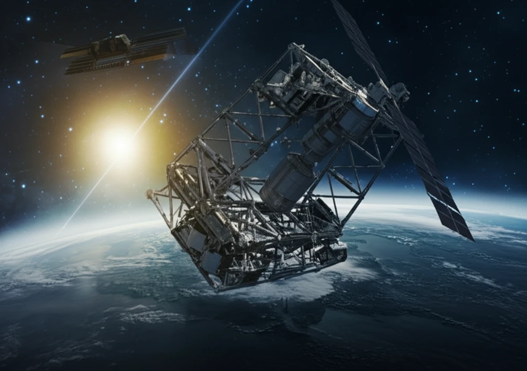 Partially deployed truss structure in space