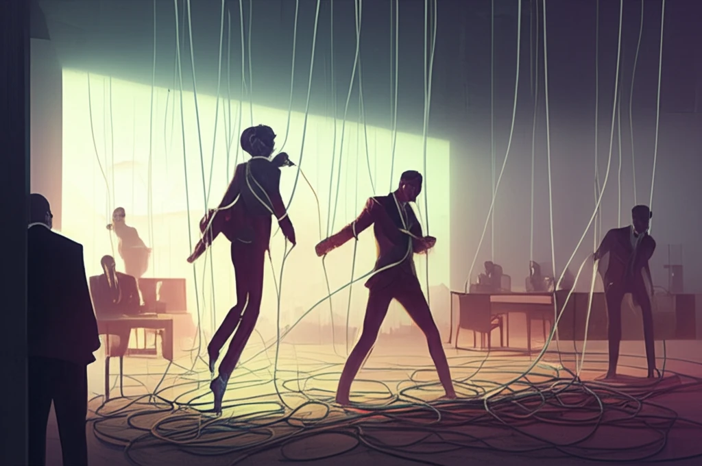 Workplace with employees connected by puppet strings, symbolizing organizational politics.