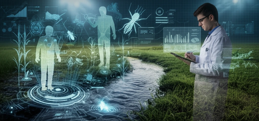 Surreal illustration of pesticide impact on freshwater ecosystems.