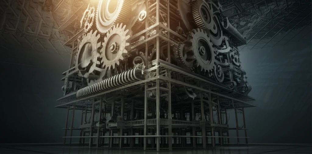 Interconnected gears and springs forming a building's skeleton.