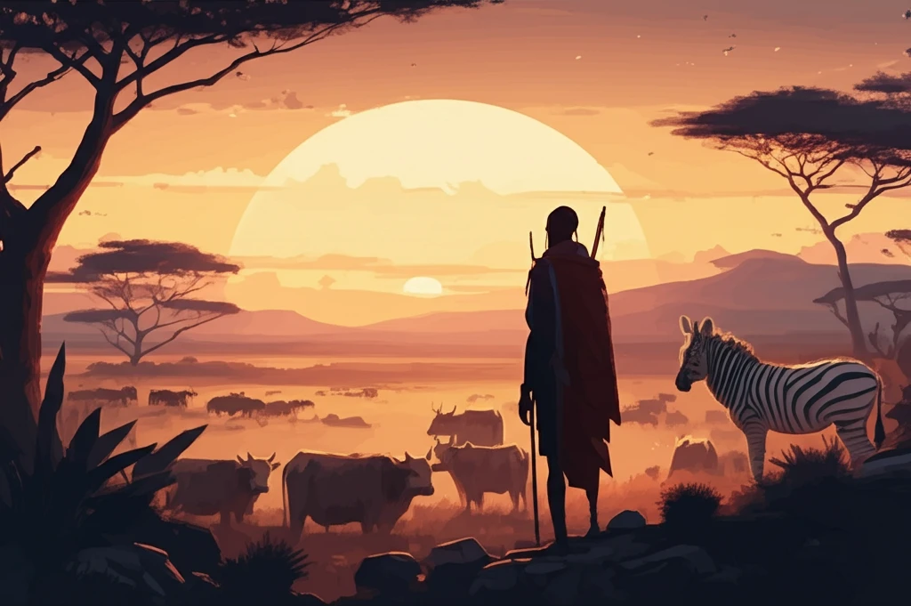 Coexistence of Maasai herder and wildlife in African savanna.