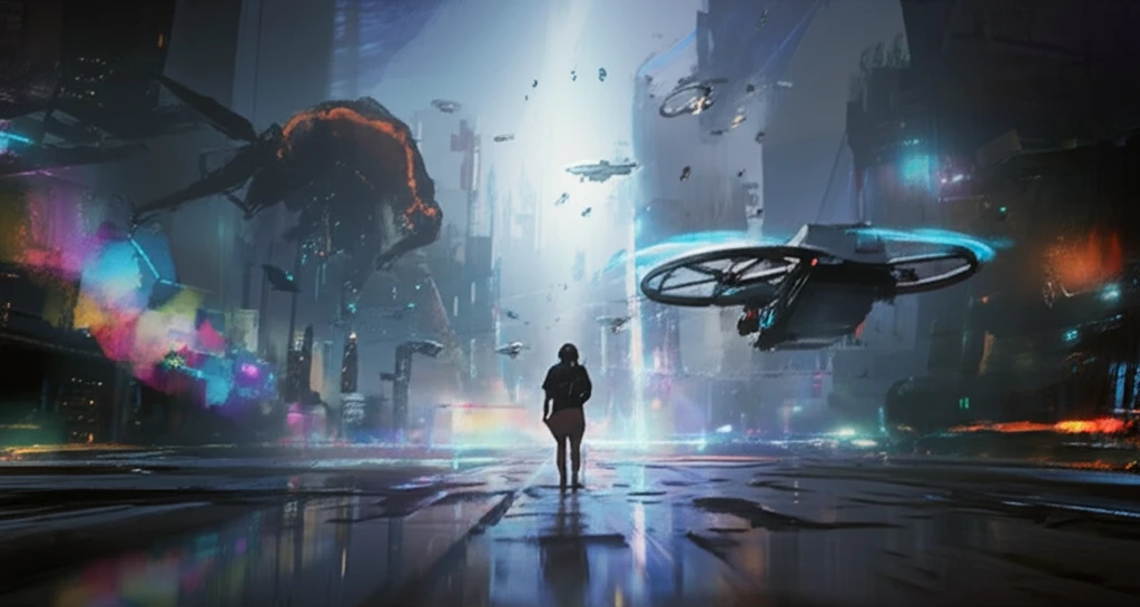 Nano drones flying through a futuristic cityscape, representing gyroscopic forces.
