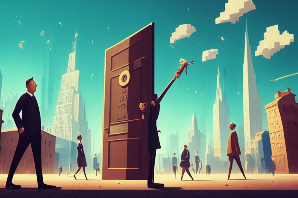 Surreal digital illustration of good governance in a modern city.