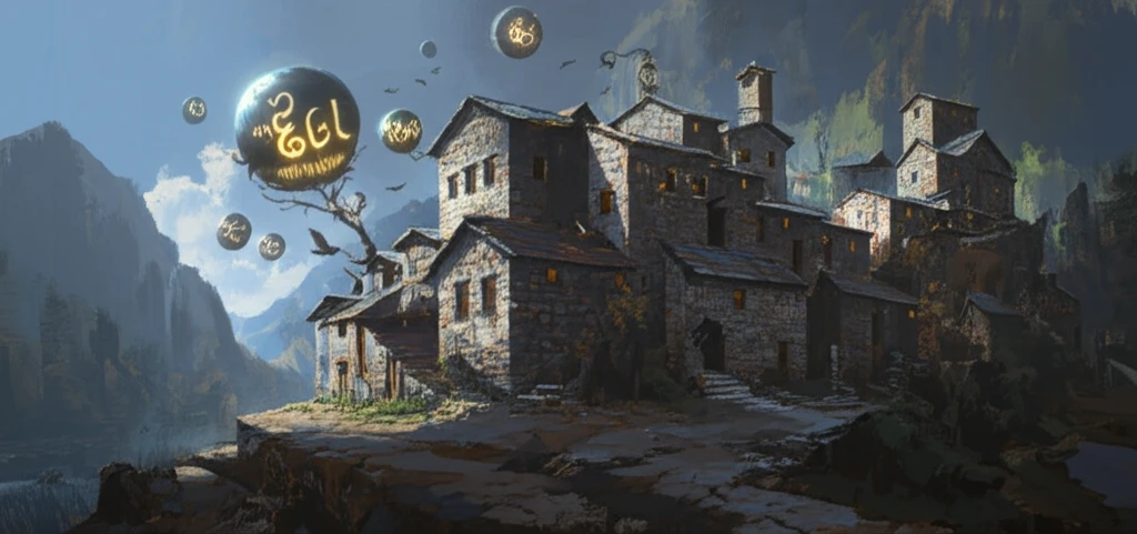 Surreal illustration of Albanian village with floating idiom orbs.