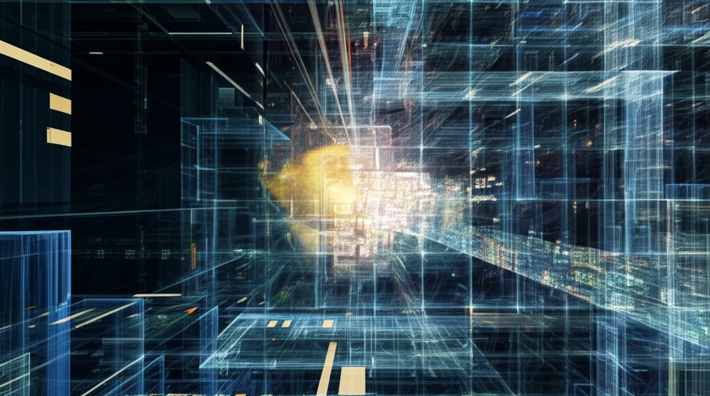 Digital illustration of a manufacturing process under a quality control grid.