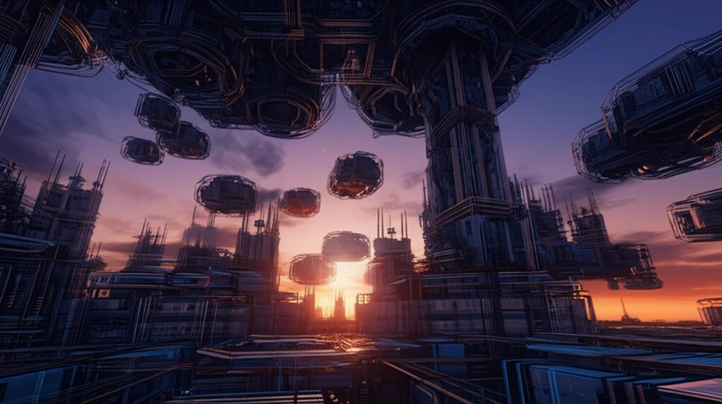 Futuristic cityscape featuring interconnected polygonal steel structures.