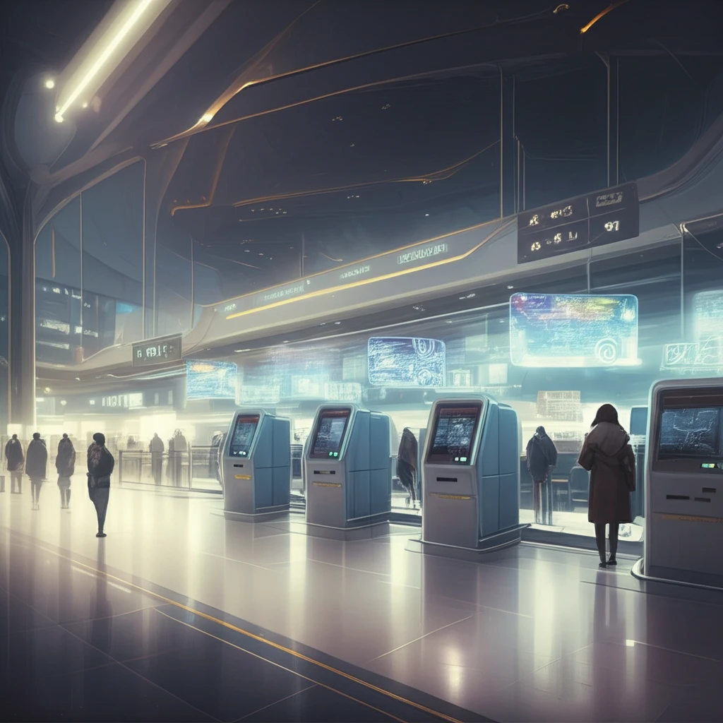 Futuristic airport terminal with self-service kiosks.