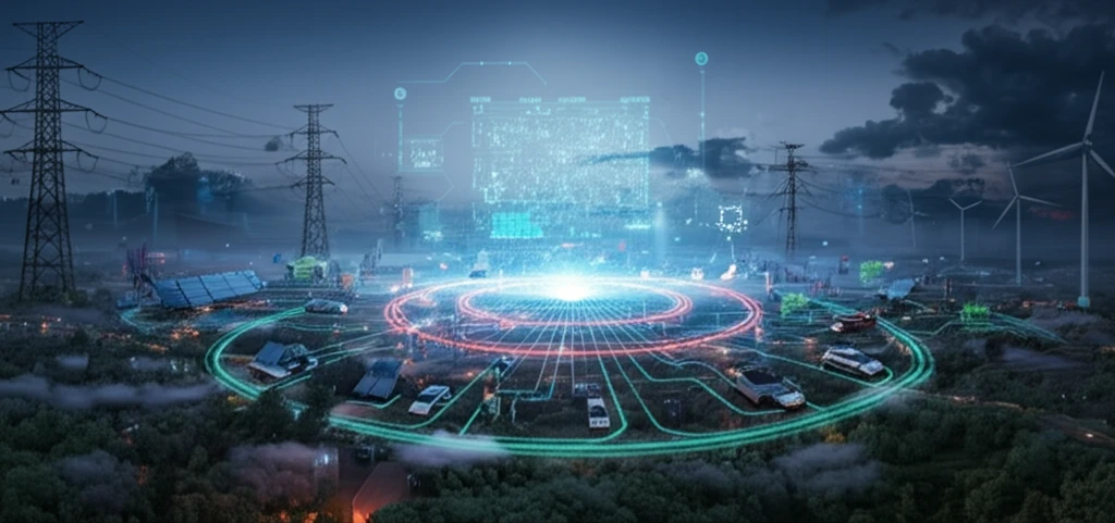 Smart grid illustration showing interconnected power lines, renewable energy sources, and a central control hub ensuring power stability.
