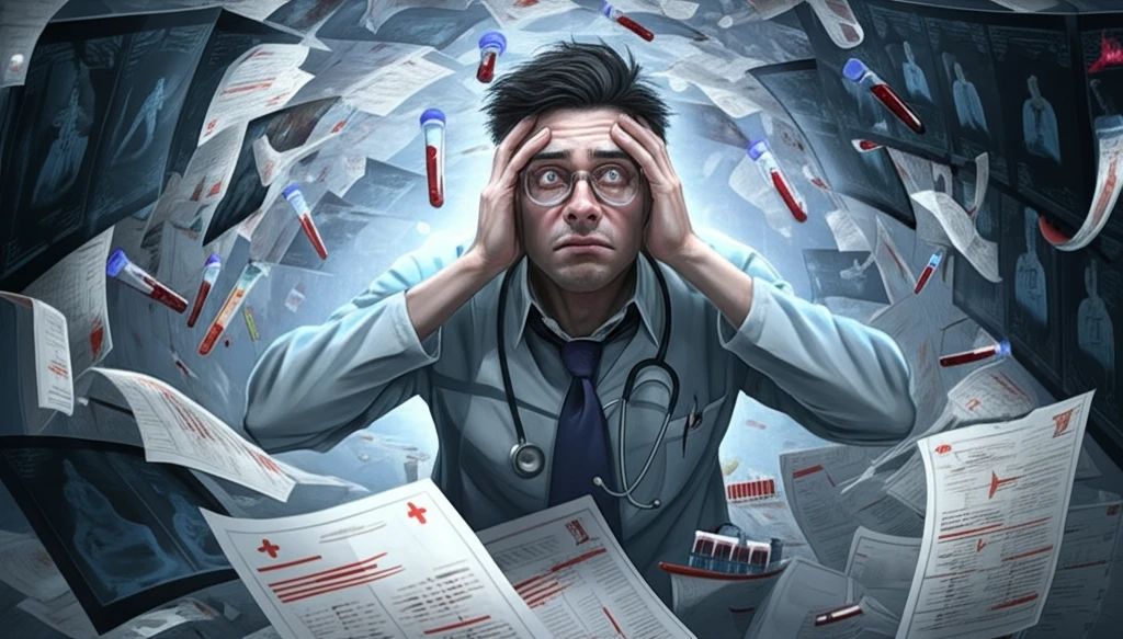 Doctor overwhelmed by an excessive number of test results, symbolizing the increase in medical testing.