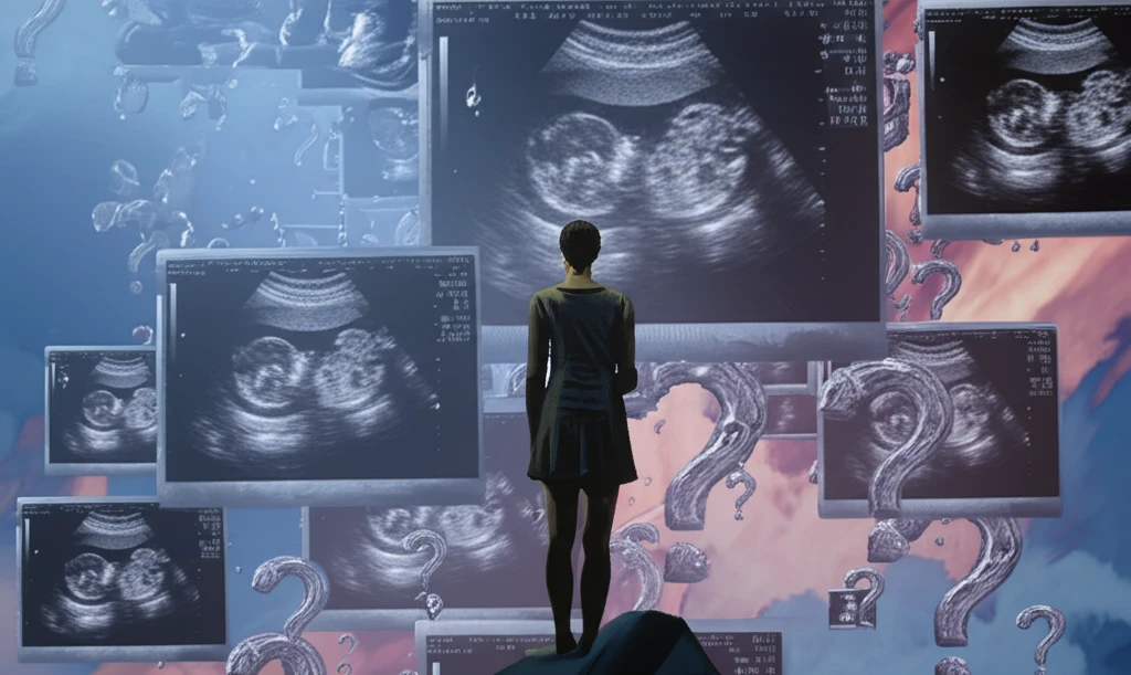 A woman surrounded by ultrasound images of ovaries, symbolizing PCOS diagnosis concerns.