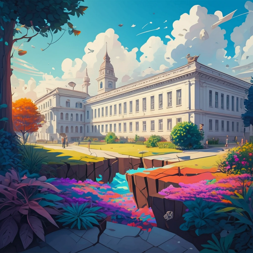 Cracked academic building revealing a vibrant garden, symbolizing the breakdown of systemic barriers and the flourishing of diverse voices.