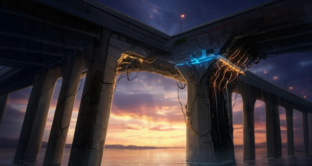 Futuristic bridge support system integrated with an older concrete bridge.