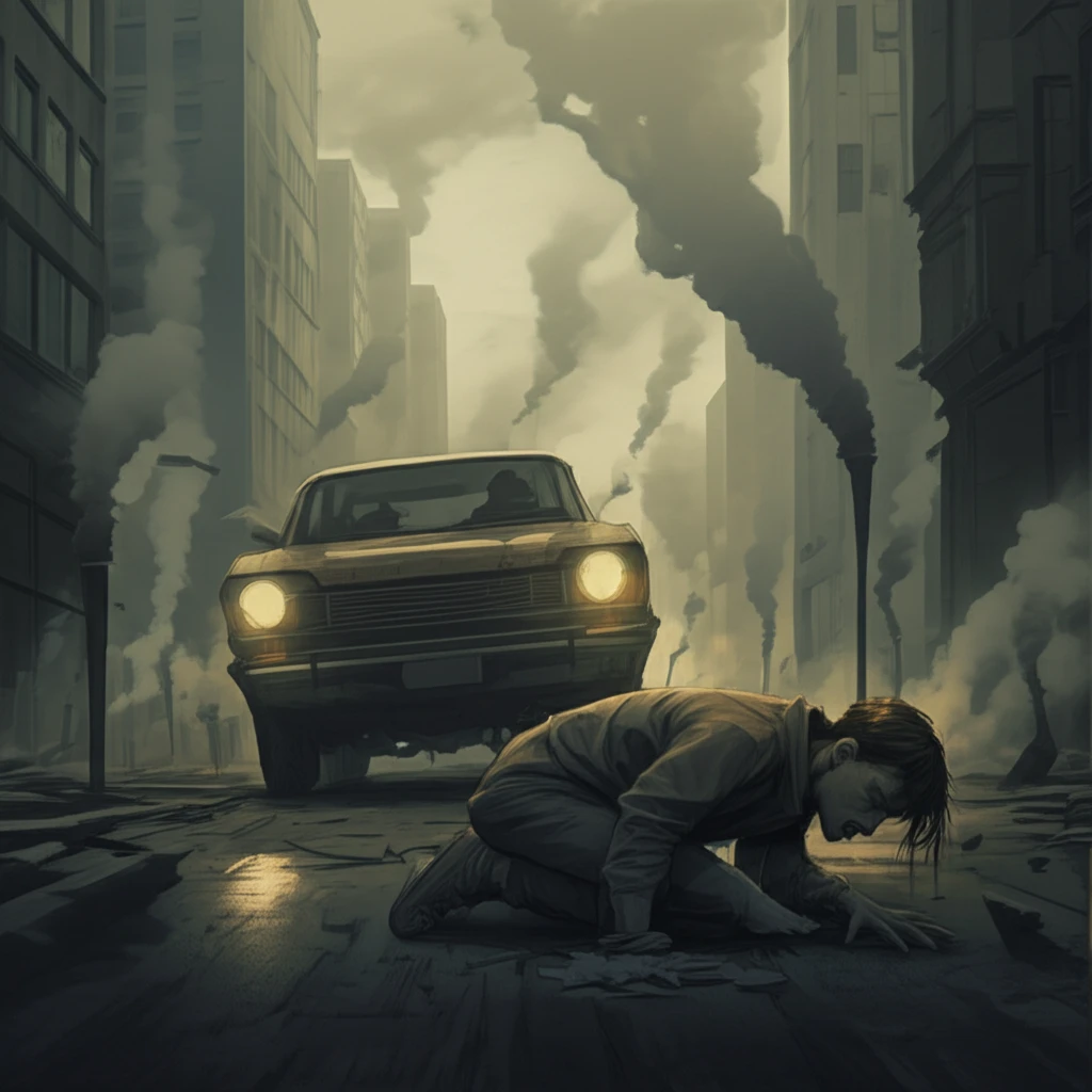 Person struggling to breathe in a polluted city.