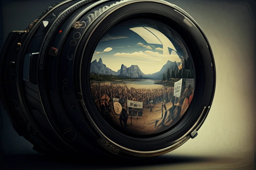 Film camera lens reflecting scenes of global activism.