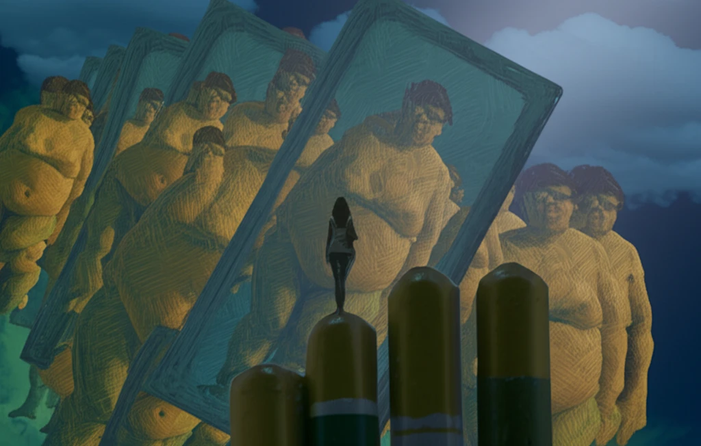 Distorted mirror reflecting societal pressures on body image.