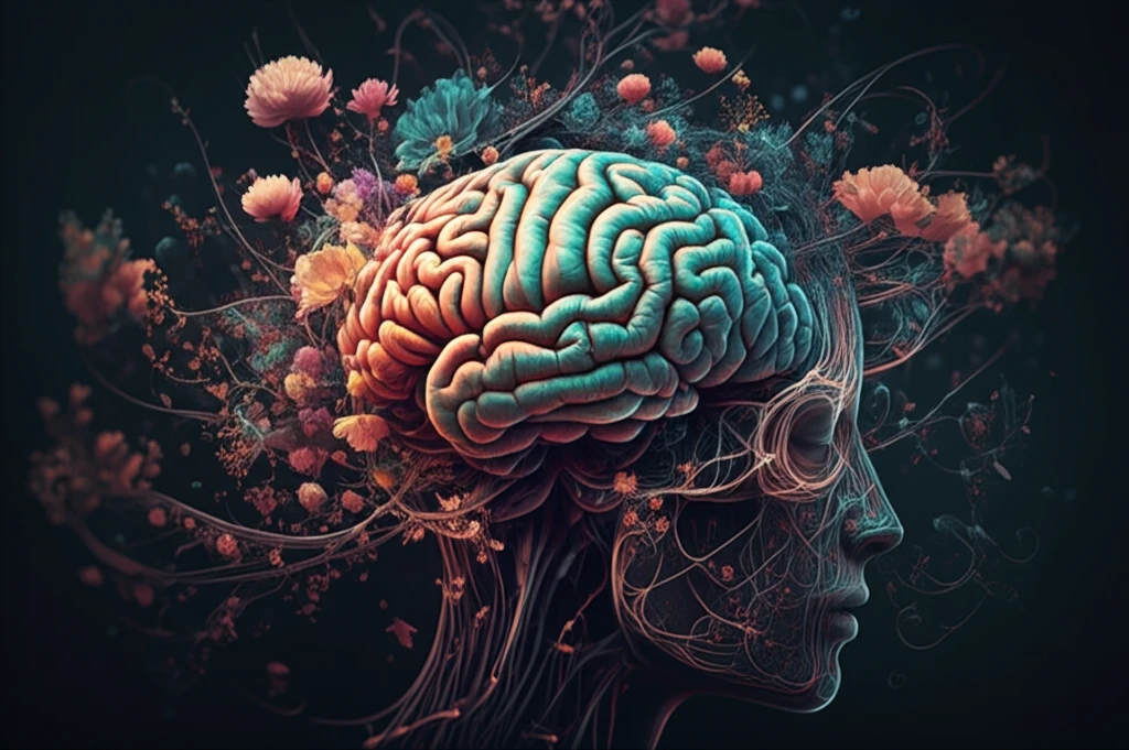 Digital brain with circuits and flowers, symbolizing mental health.