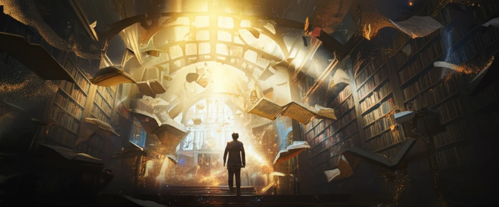 Ancient library bathed in golden light, scrolls and books levitating and shining.