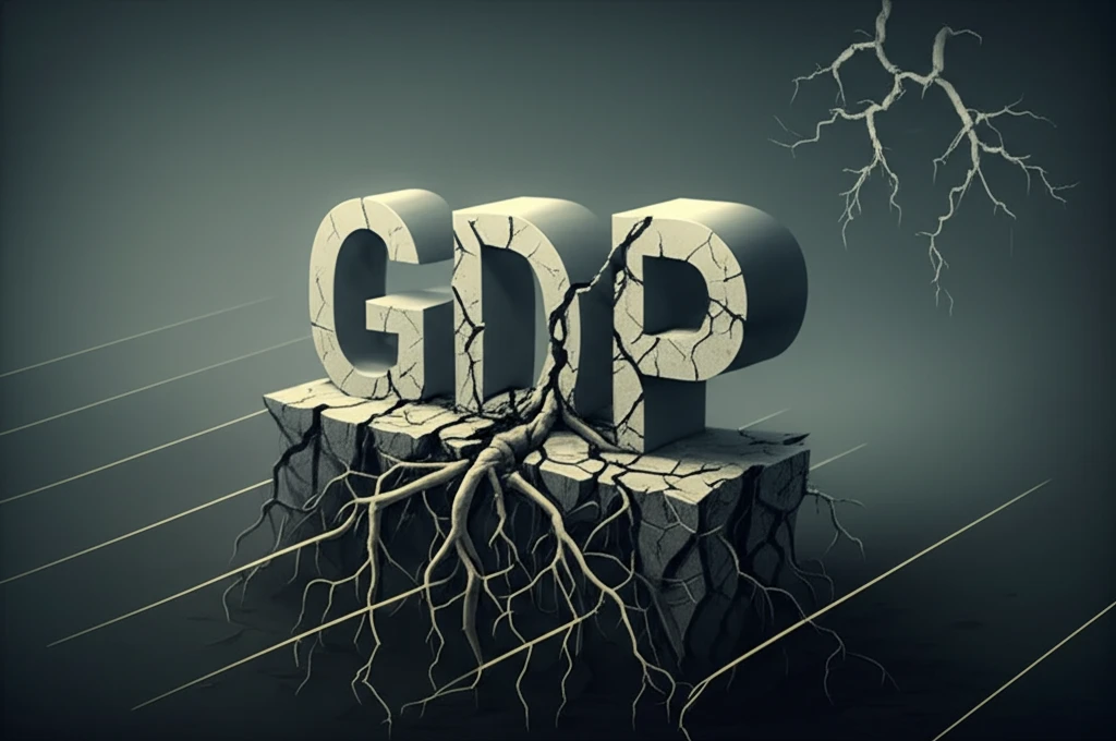 A cracked GDP graph with growing roots symbolizes new economic models.