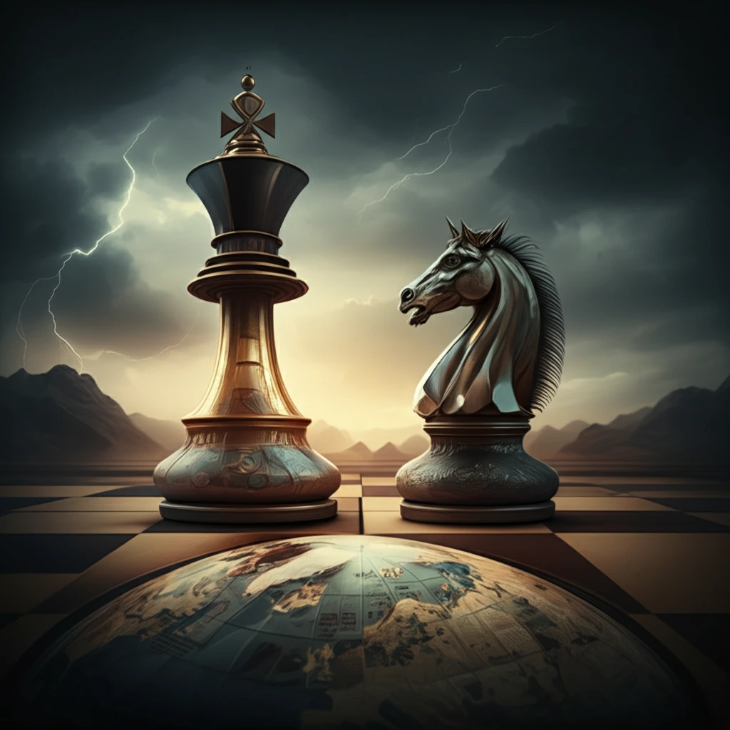 Chess pieces representing Hobbes and Locke on a globe, symbolizing the clash of philosophies in international relations.