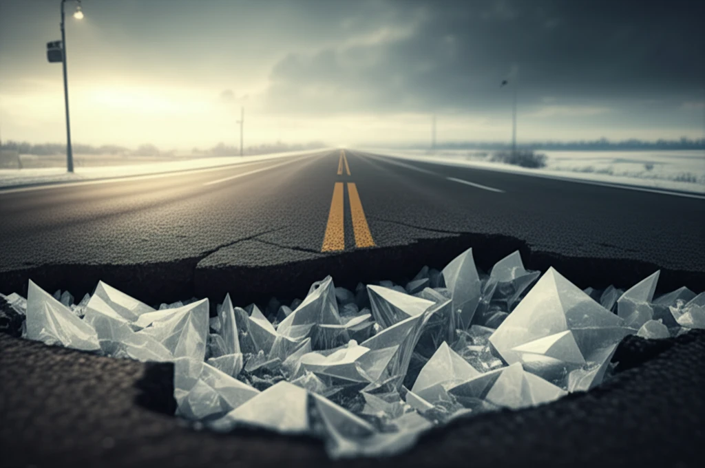 Cracked asphalt road with ice formation symbolizing frost heave damage.