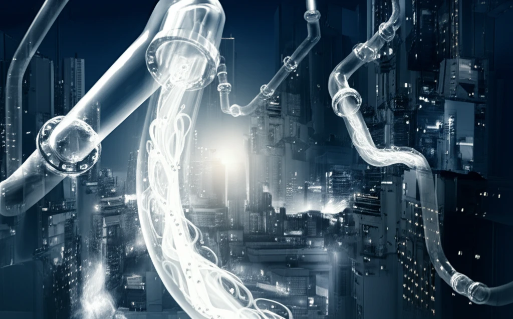 Illustration of calcium carbonate solution flowing through pipes, symbolizing pipeline efficiency.