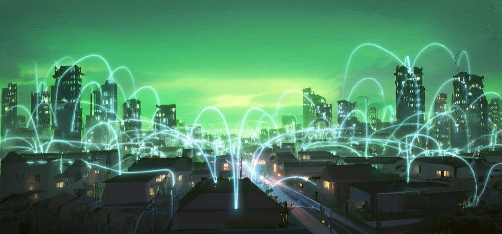 Futuristic city with a glowing heat network connecting homes.