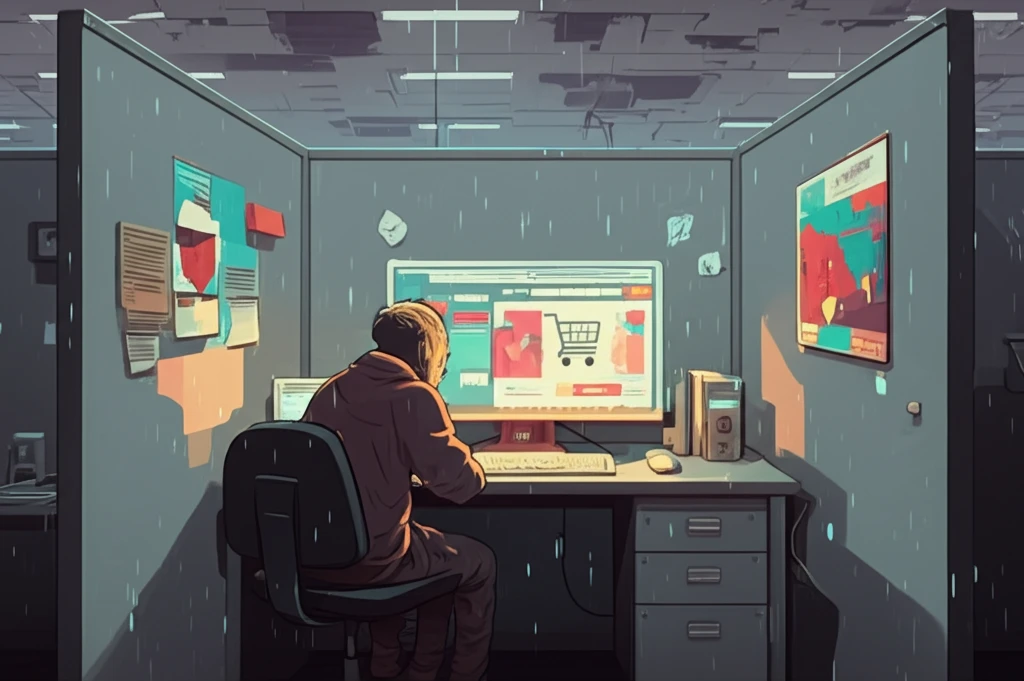 Person shopping online during a rainy day at work