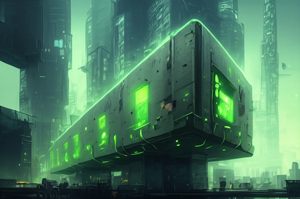 Surreal cityscape with glowing recycled concrete beam.