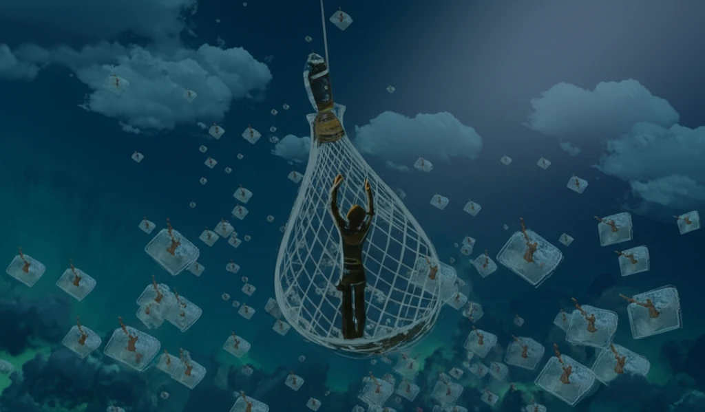 A surreal image representing social insurance as a safety net protecting personal identities.