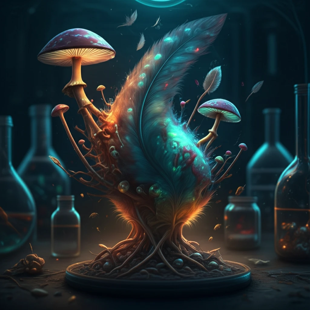 Chicken feathers being transformed by fungi.