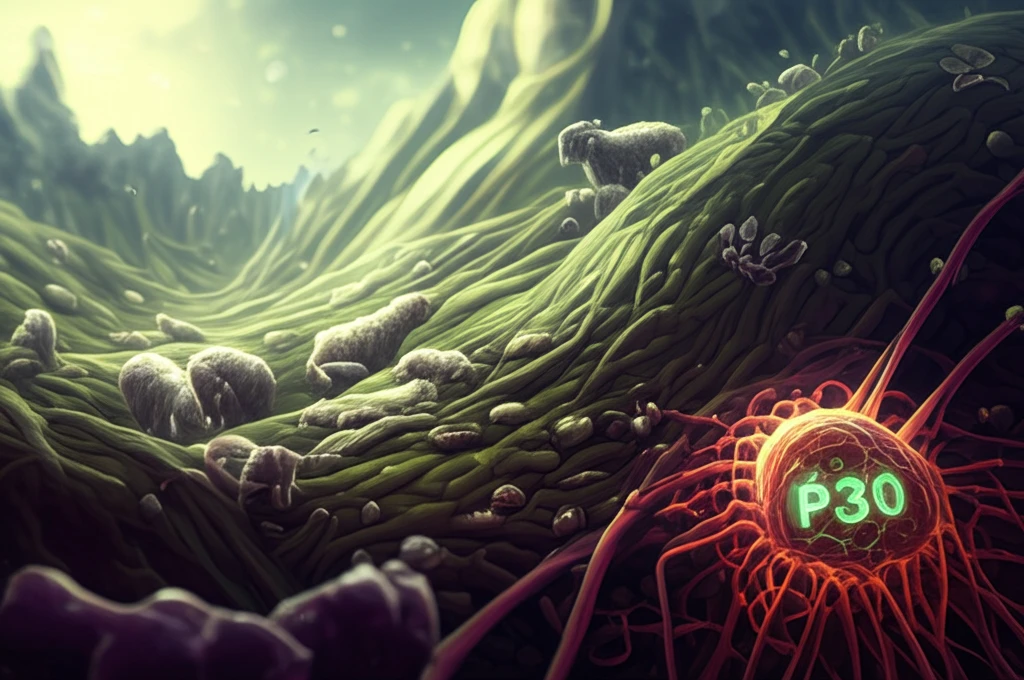 Surreal illustration of Mycoplasma Agalactiae with P30 protein in a landscape with dairy sheep and goats