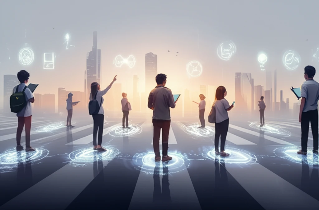 Students at a crossroads, symbols of teaching specializations surround them