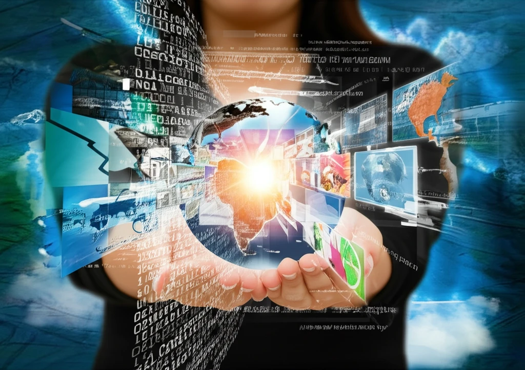 Person holding a glowing Earth surrounded by data streams