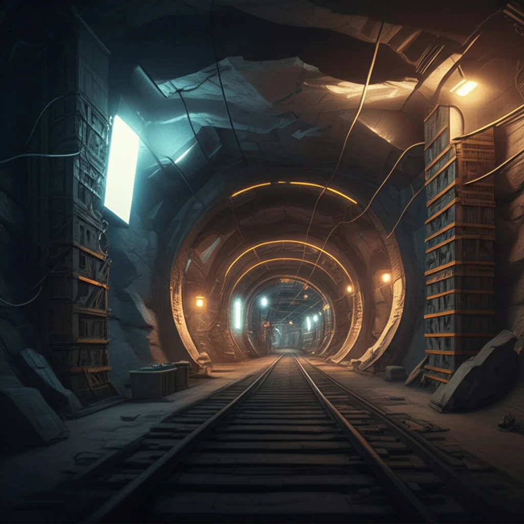 Underground mine tunnel with glowing support structures, symbolizing safety and stability.