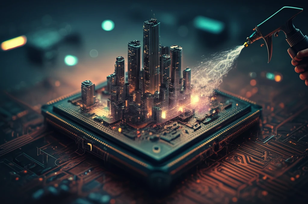 Miniature city inside a computer chip being sprayed with alcohol and water