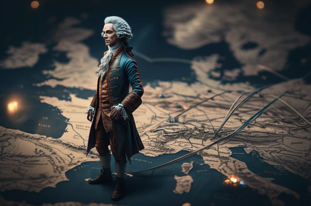 A stylized map connecting Lyon to Europe's major cities with silk threads, symbolizing the routes of 18th-century traveling salesmen.
