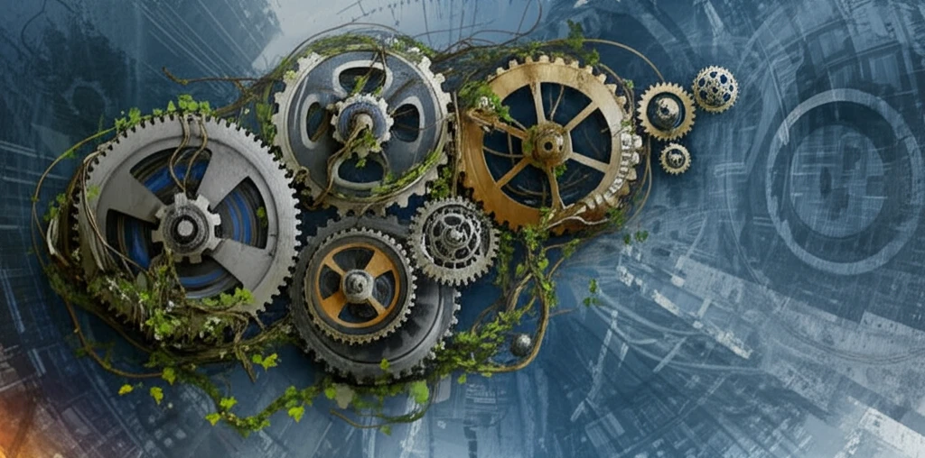 Gears of varying ages intertwined with vines symbolizing economic progress.