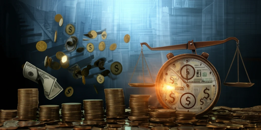 Scales of justice balancing time and money