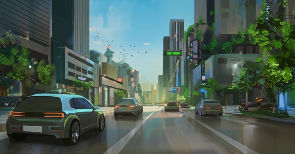Futuristic city street with electric vehicles and lush greenery symbolizing material rhetoric in transportation design.