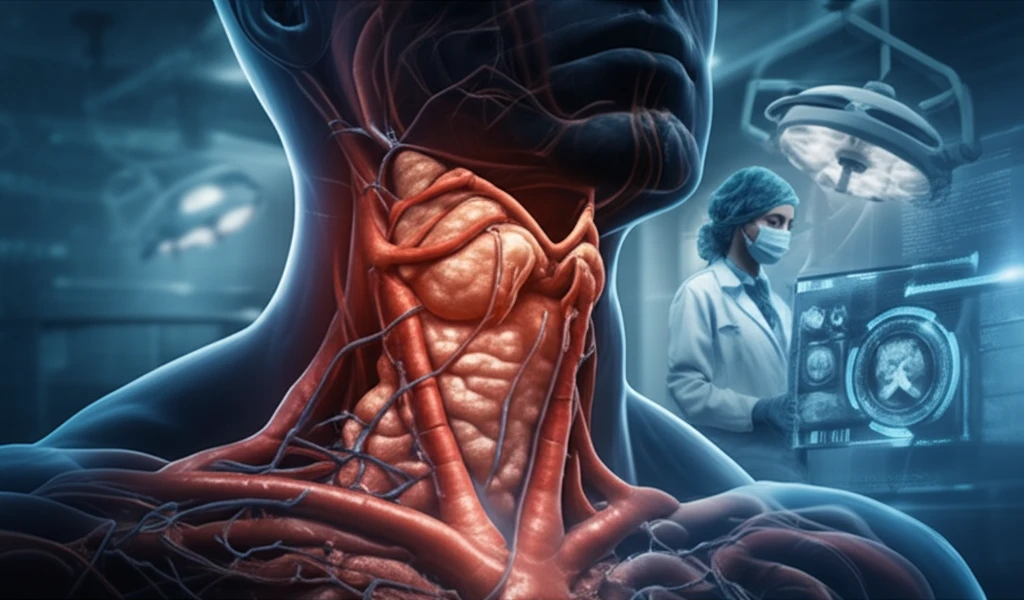 Illustration of a goiter compressing a blood vessel, representing superior vena cava obstruction.