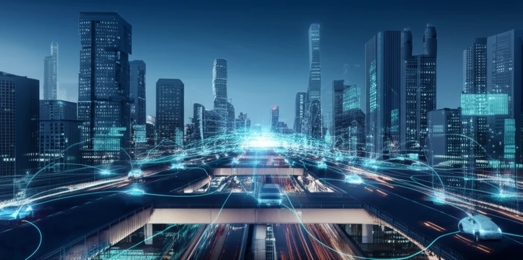 Interconnected vehicles exchanging data in a futuristic cityscape.