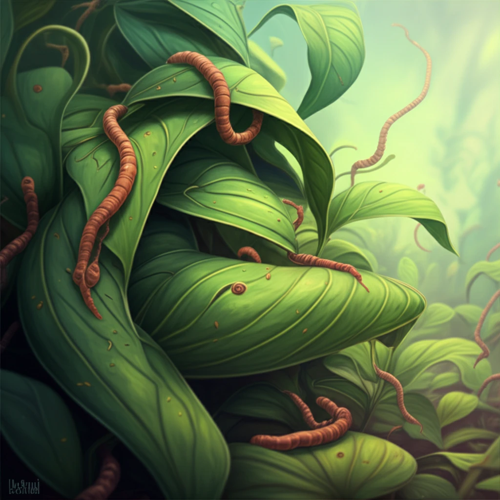 Phrynium imbricatum leaves intertwined with microscopic worms, symbolizing anthelmintic properties.