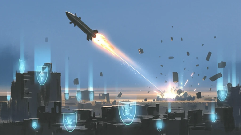 A surreal depiction of an airstrike algorithm balancing military precision with civilian safety.