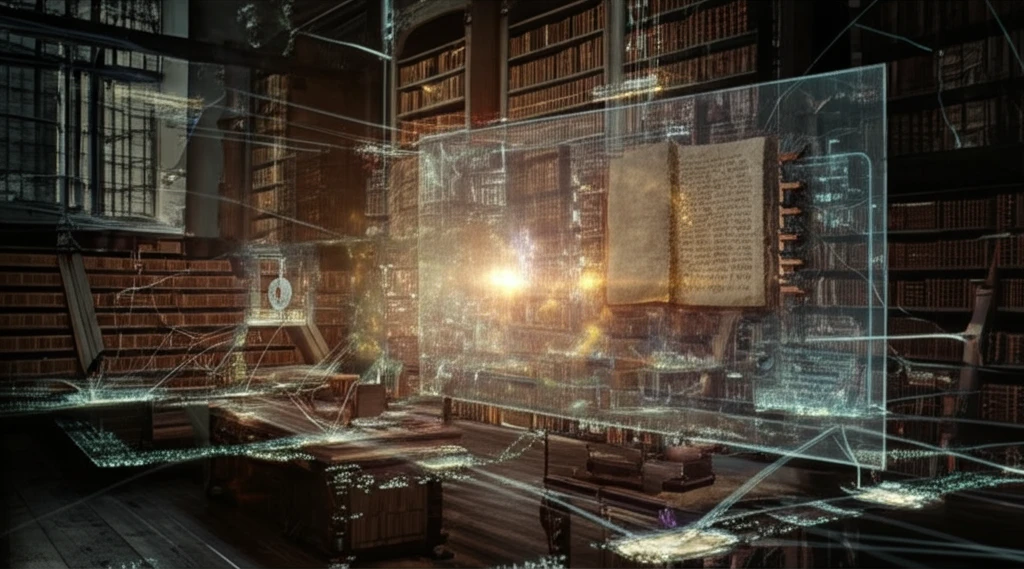 Ancient library merging into a modern digital interface