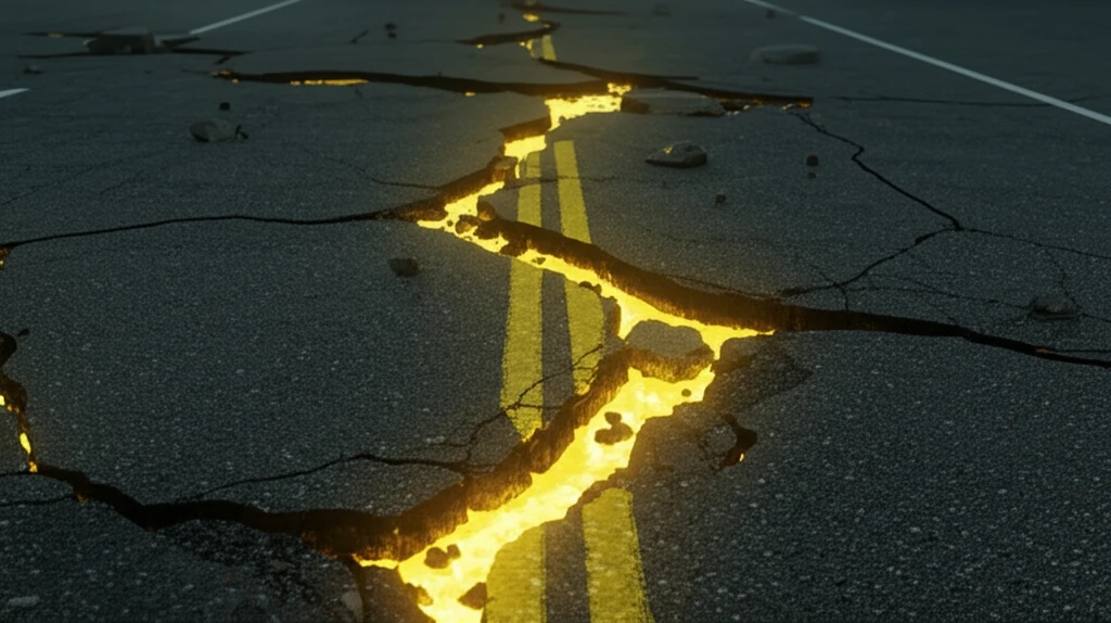 Sulfur particles repairing cracks in asphalt road