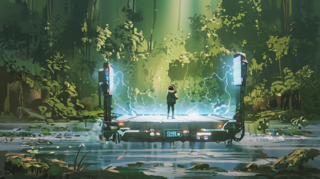 Futuristic floating platform scanning a river with electromagnetic sensors, promoting environmental awareness.
