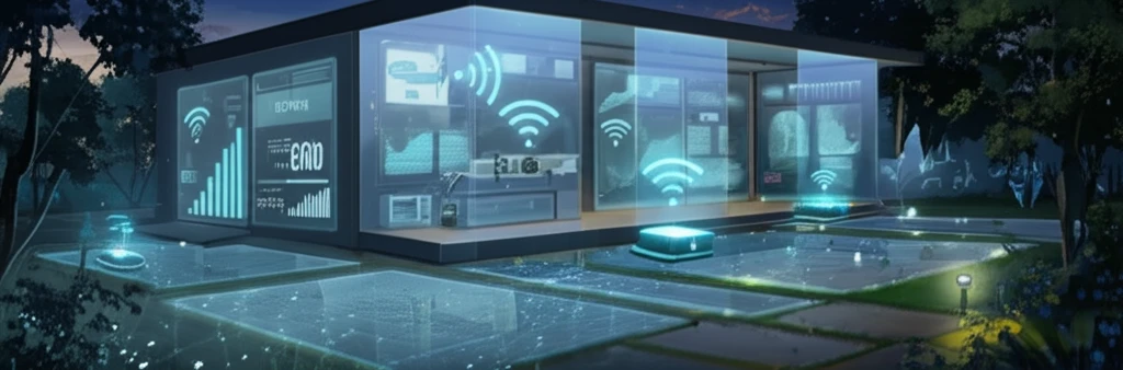 Futuristic home with wireless sensor network displaying energy savings.