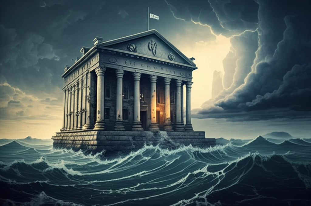Central bank building in turbulent sea, symbolizing economic uncertainty.