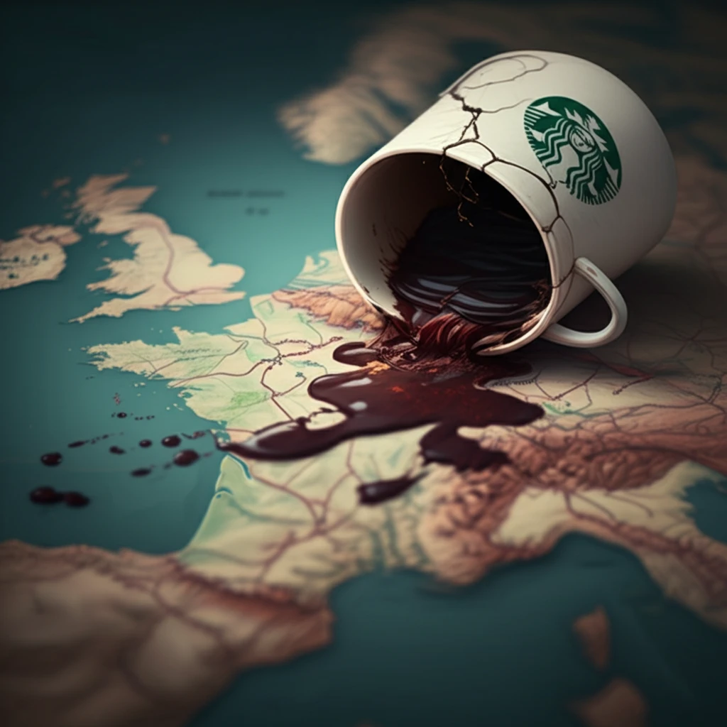 Cracked Starbucks cup spilling coffee on a map of France, symbolizing brand hate.